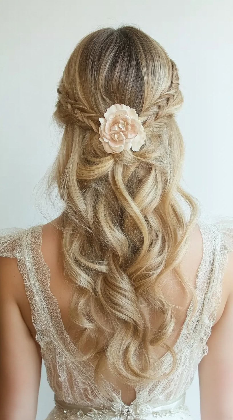 In this photo, a woman with long, blonde hair styled into a braided crown is adorned with a large flower ornament at the center.