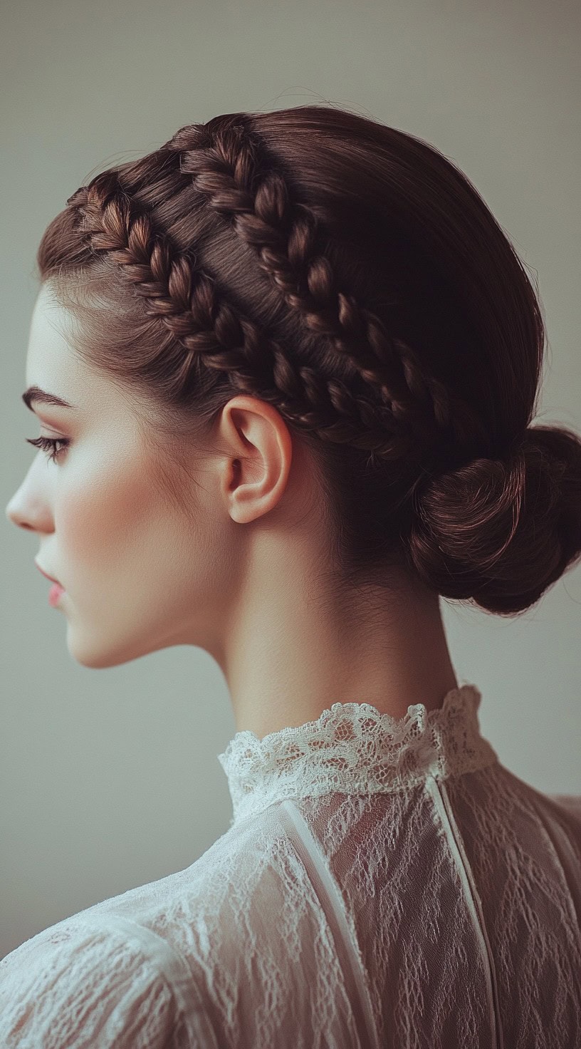 A profile view of a woman with a braided crown that leads into a low bun, wearing a lace blouse.