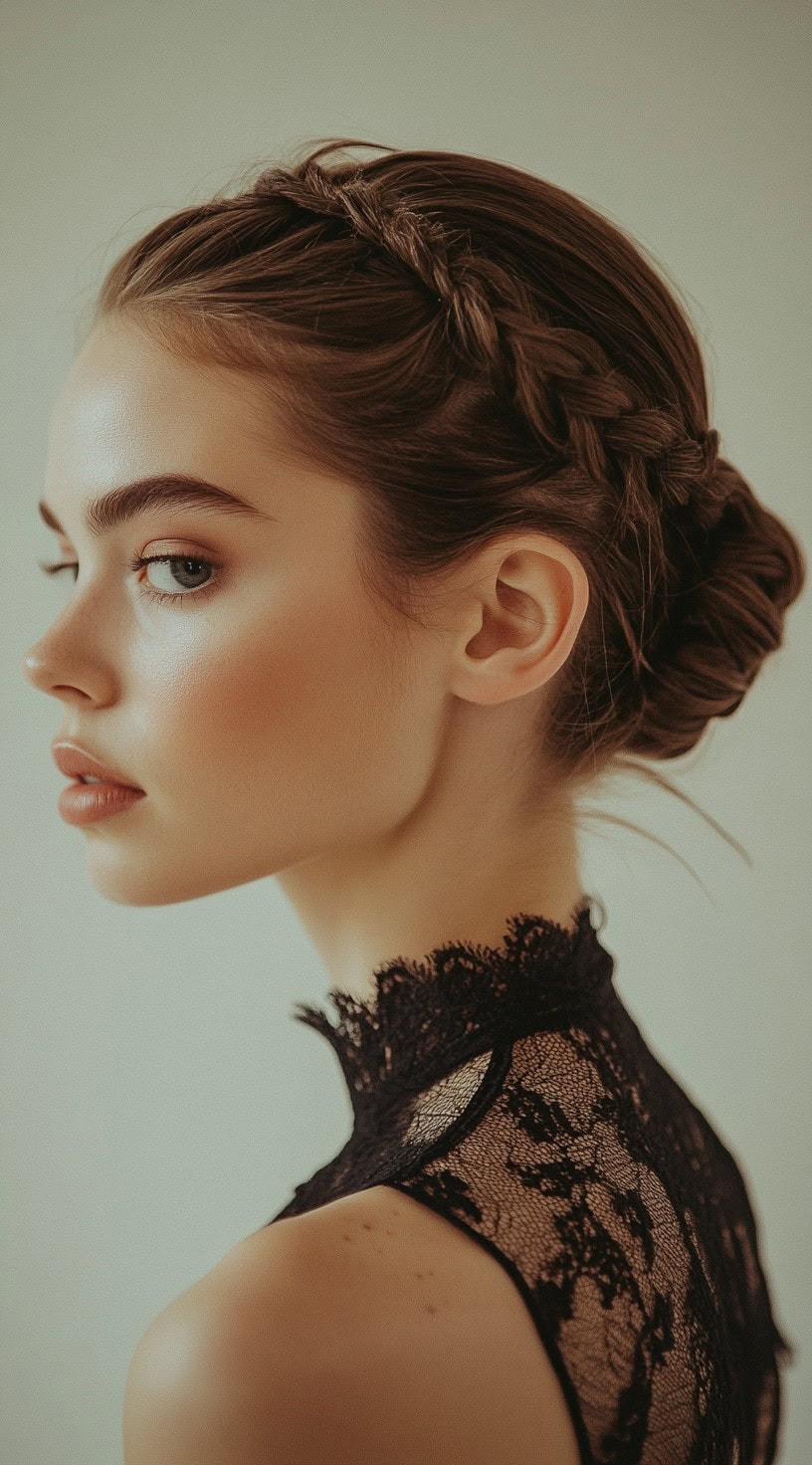 A side profile of a woman with a braided crown leading into a low, elegant bun.