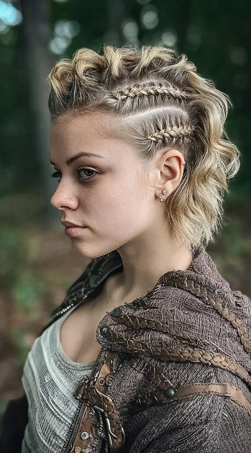 A blonde woman with a short layered bob has tight side braids and voluminous textured hair styled into a faux hawk.