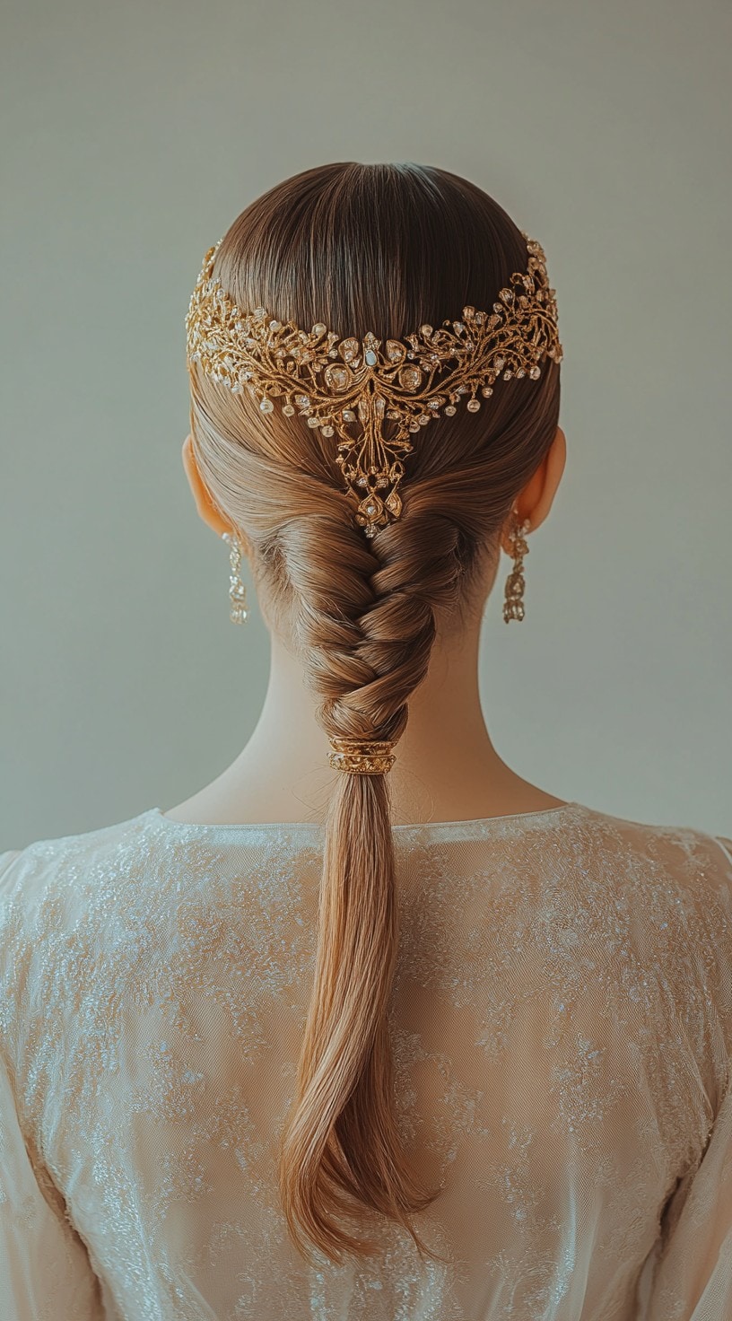 Back view of a woman with a braided fishtail and a golden headpiece, complementing a vintage-inspired dress.