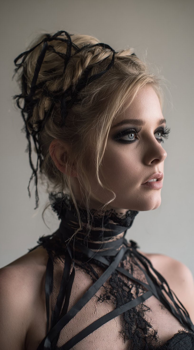 A woman with an intricate blonde updo featuring braids woven with black ribbons and smoky eye makeup.