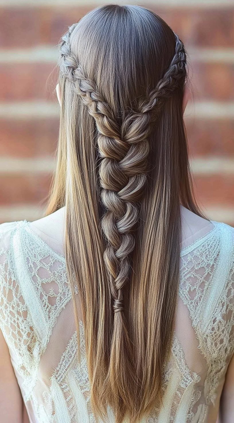 Back view of a woman with a braided half-up crown, showcasing a mix of braids and flowing hair.