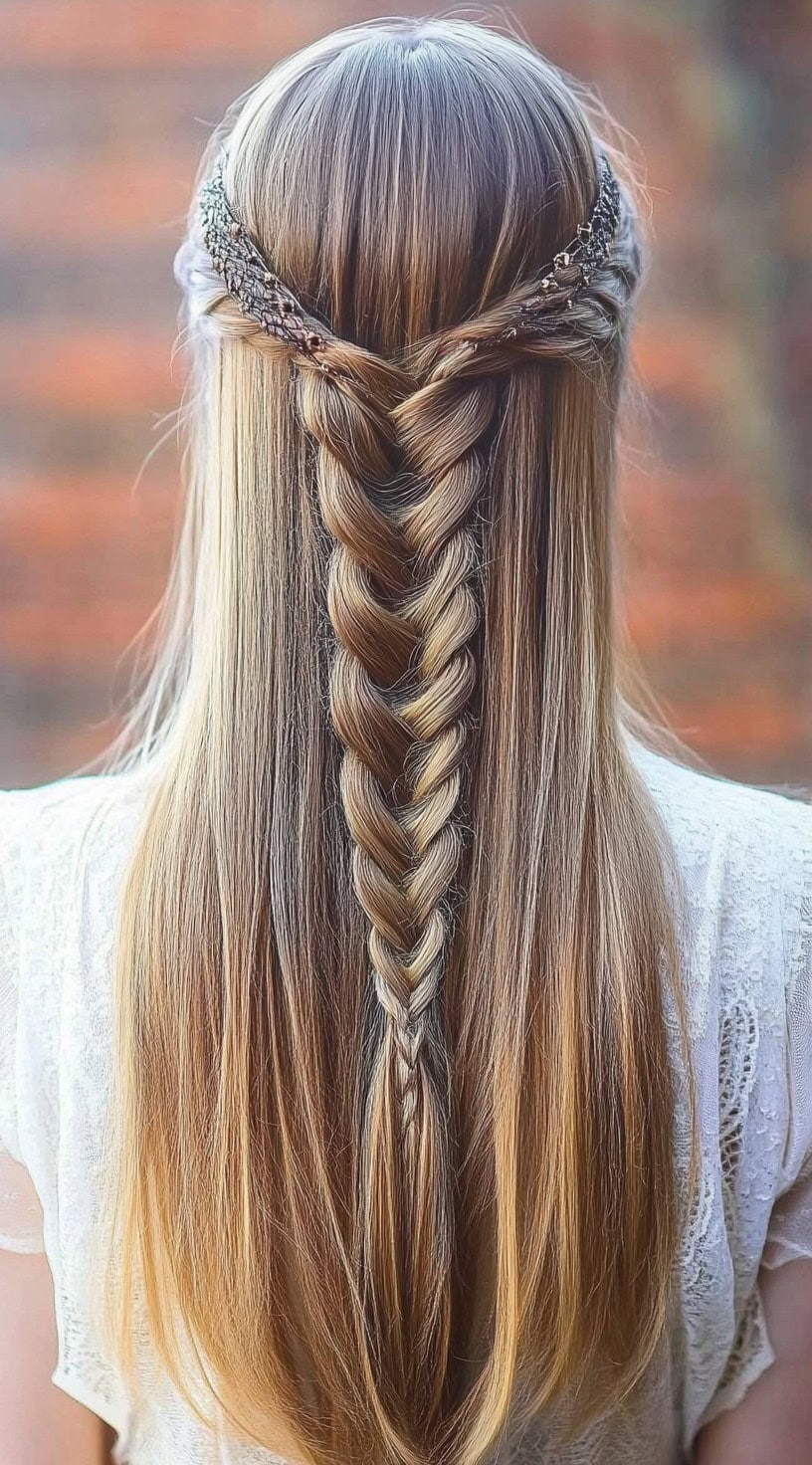 Back view of a woman with a braided half-up hairstyle featuring simple twists and a natural, flowing look.