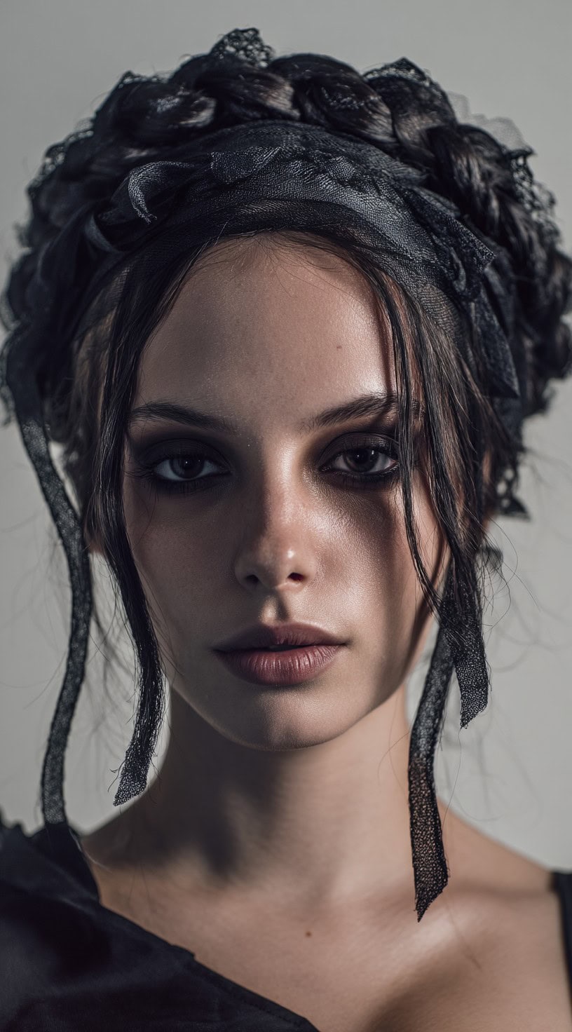A woman with a braided crown wrapped in a wide black lace headband and subtle, smoky makeup.