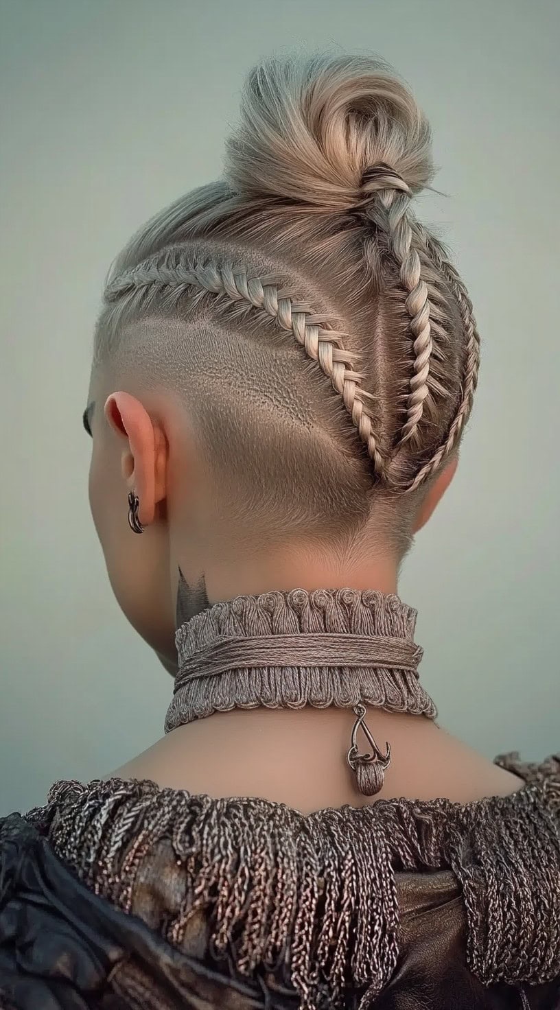 Braided high bun with an undercut on a woman with blonde hair, viewed from the back.