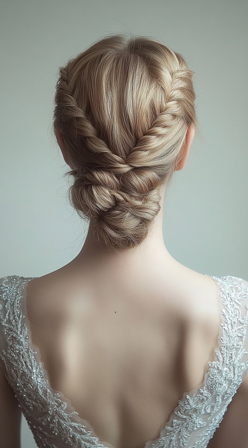 A woman with a braided low bun with twists, wearing a lace gown, showcasing a sophisticated and intricate updo.