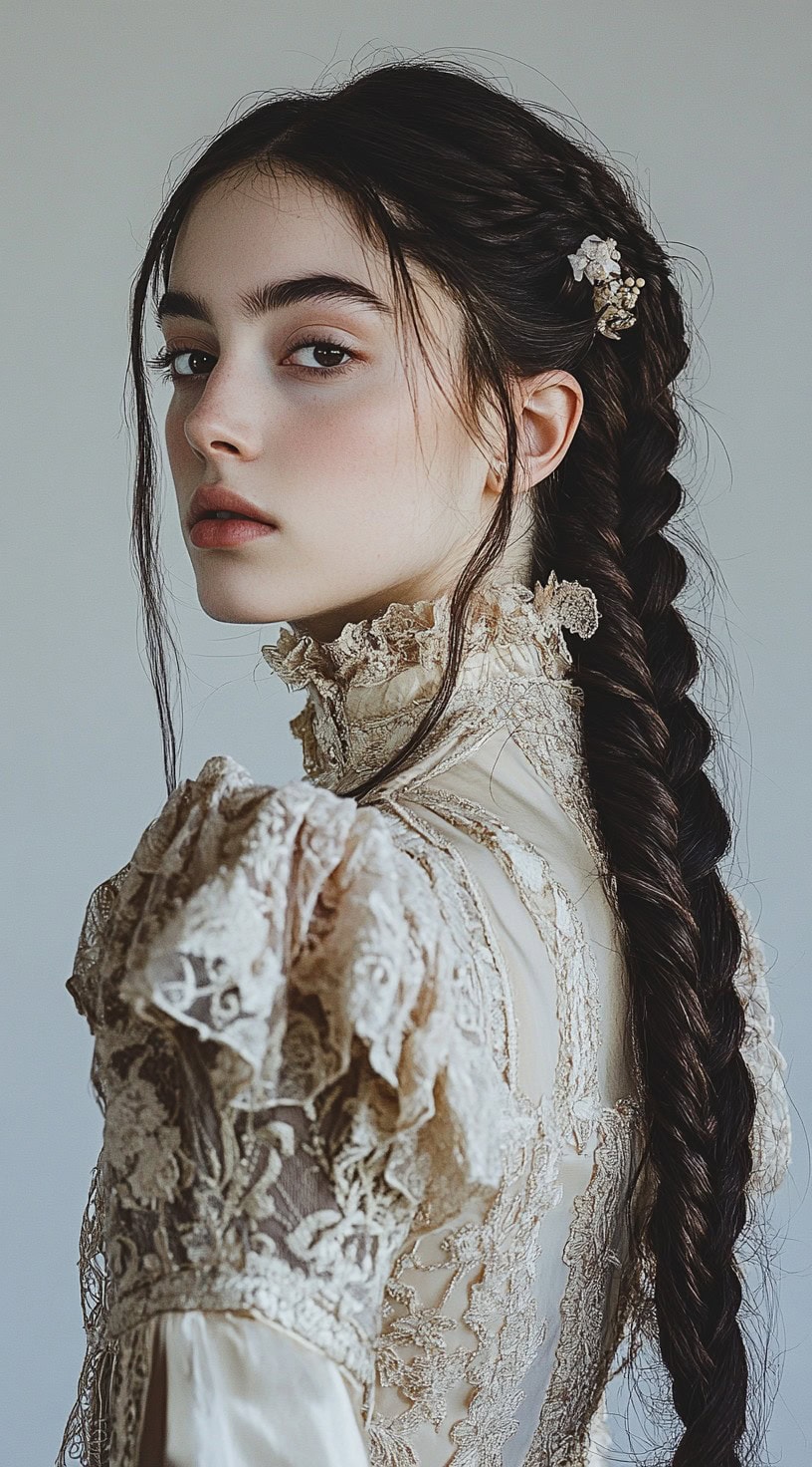 Side profile of a woman with a braided low bun adorned with vintage lace and intricate lace detailing on her dress.