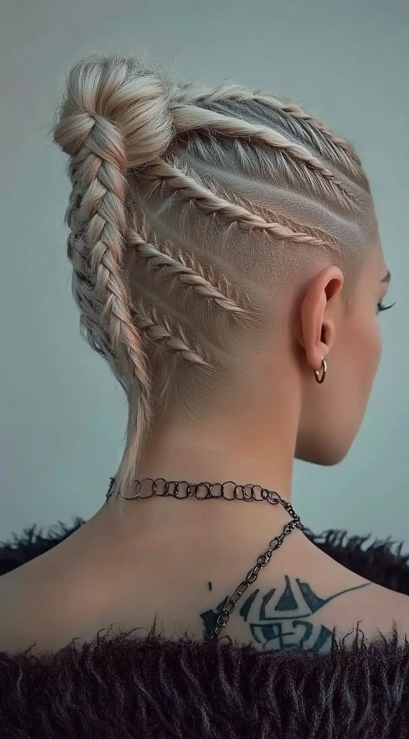 Braided mohawk bun on a woman with blonde hair, featuring multiple braids leading to a bun.