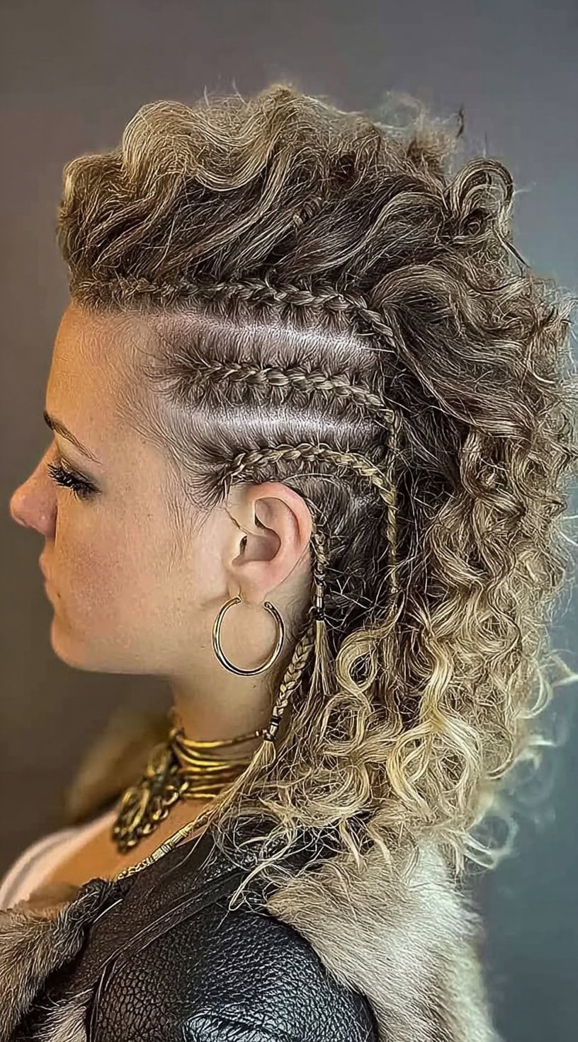 A woman with curly blonde hair has rows of tight braids at the sides and a voluminous curly mohawk running along the center.