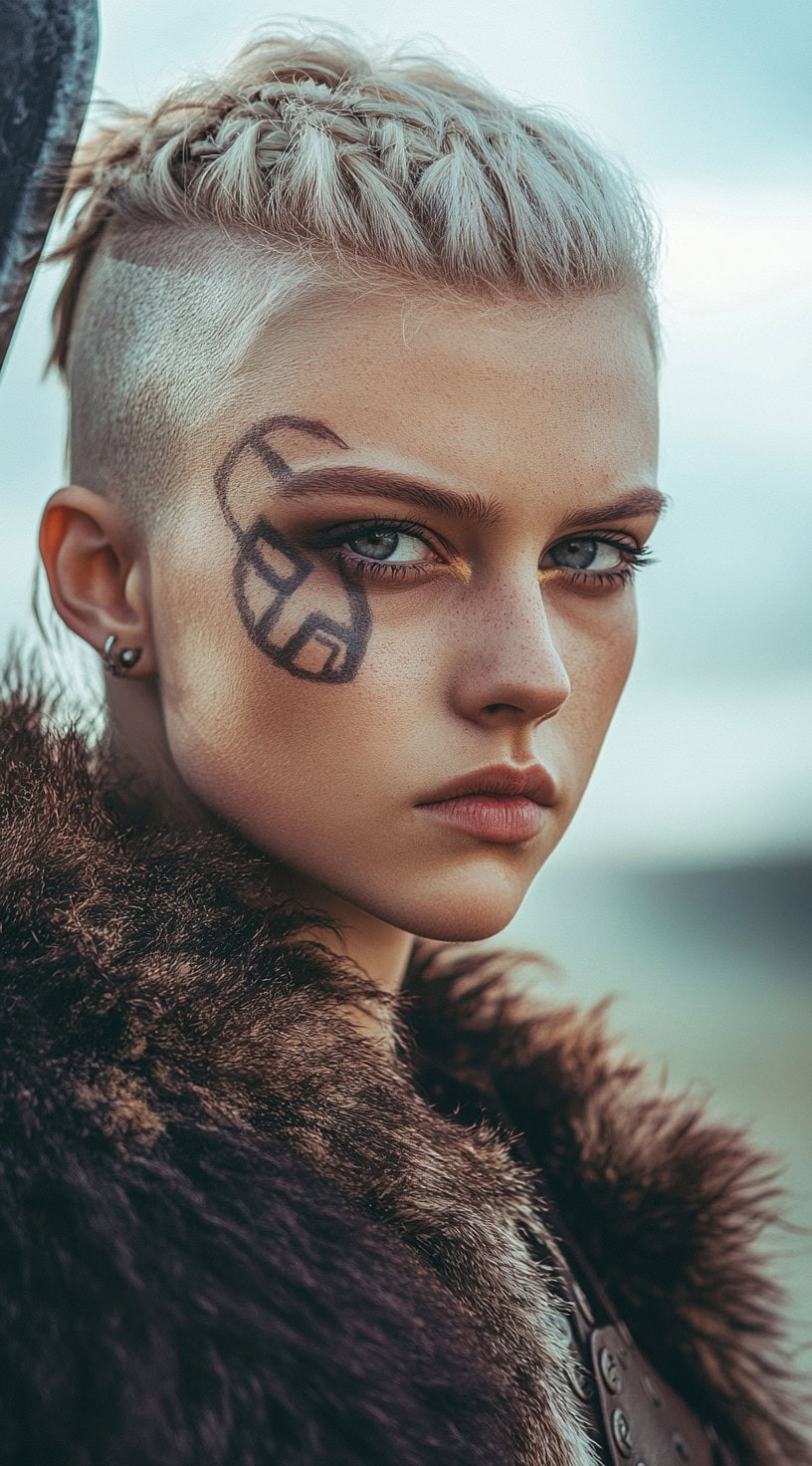 Braided mohawk with shaved sides on a woman with platinum blonde hair and face paint.