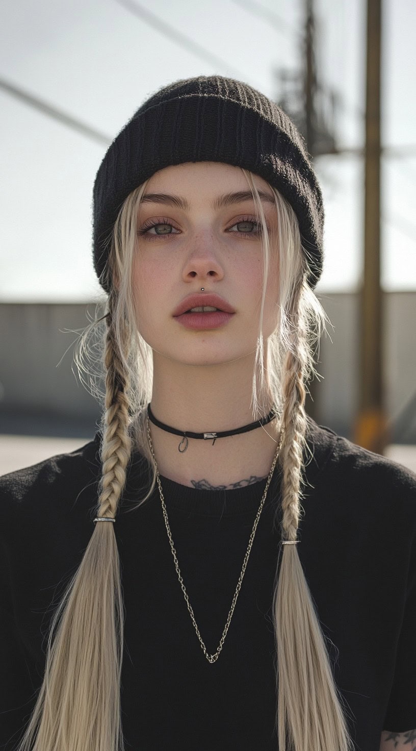 A young woman with braided pigtails and a black beanie, accessorized with a choker and necklaces.