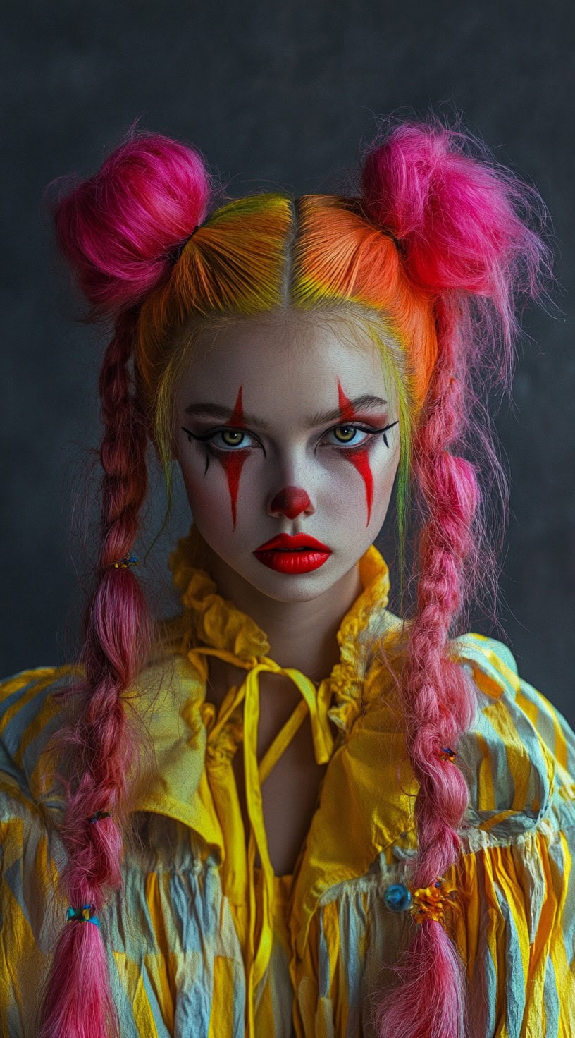 A person with neon-colored braided pigtails, complemented by striking clown makeup.