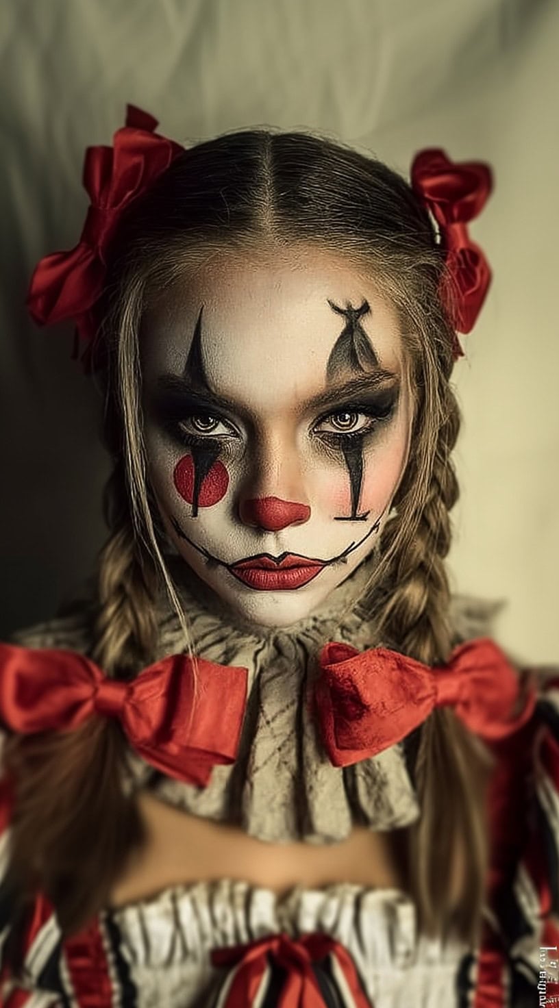 Person with two long braided pigtails, red bows, and vintage-style clown makeup with red dots and sharp eyeliner.
