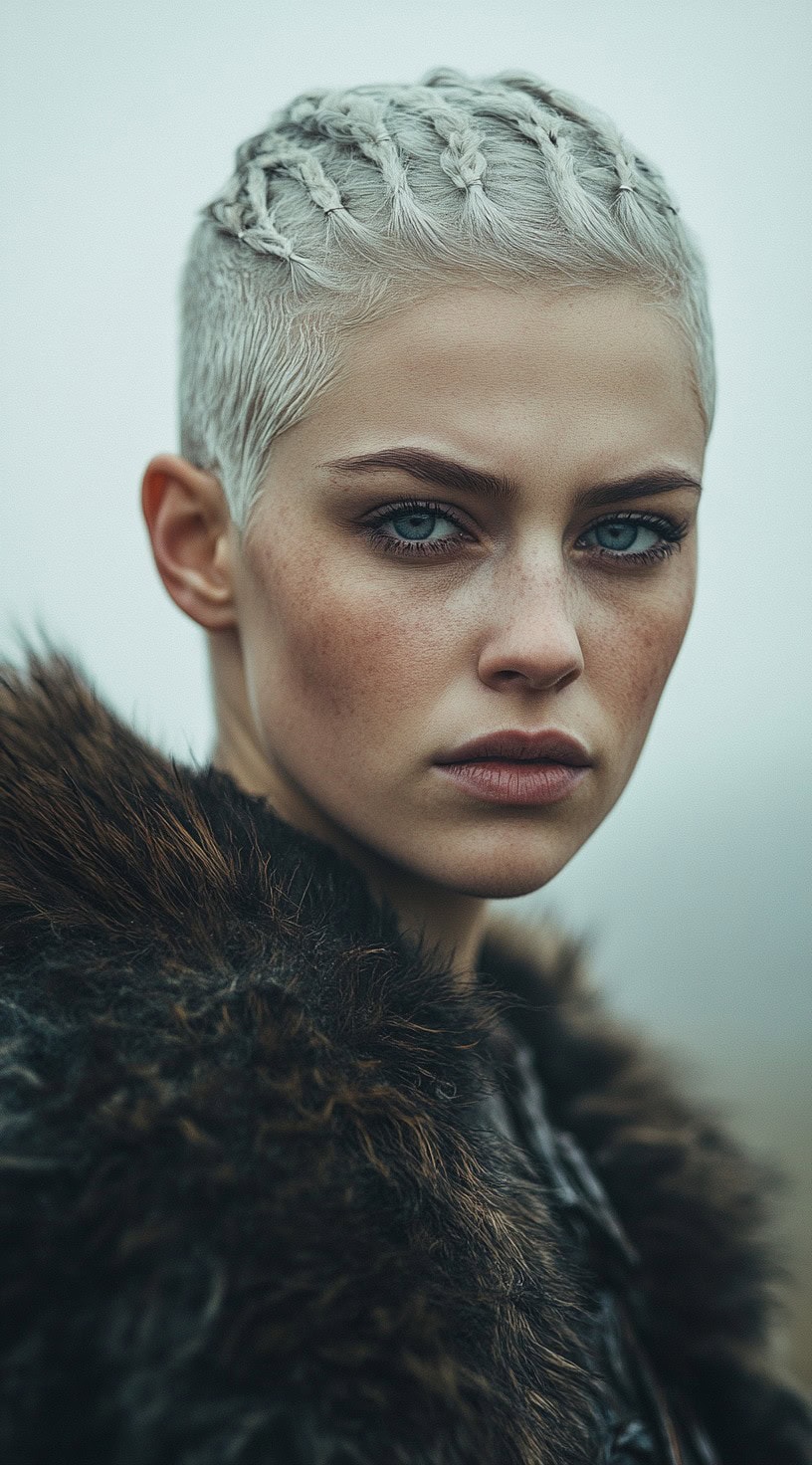 Braided pixie cut on a woman with short, light blonde hair and a serious expression, wearing fur.