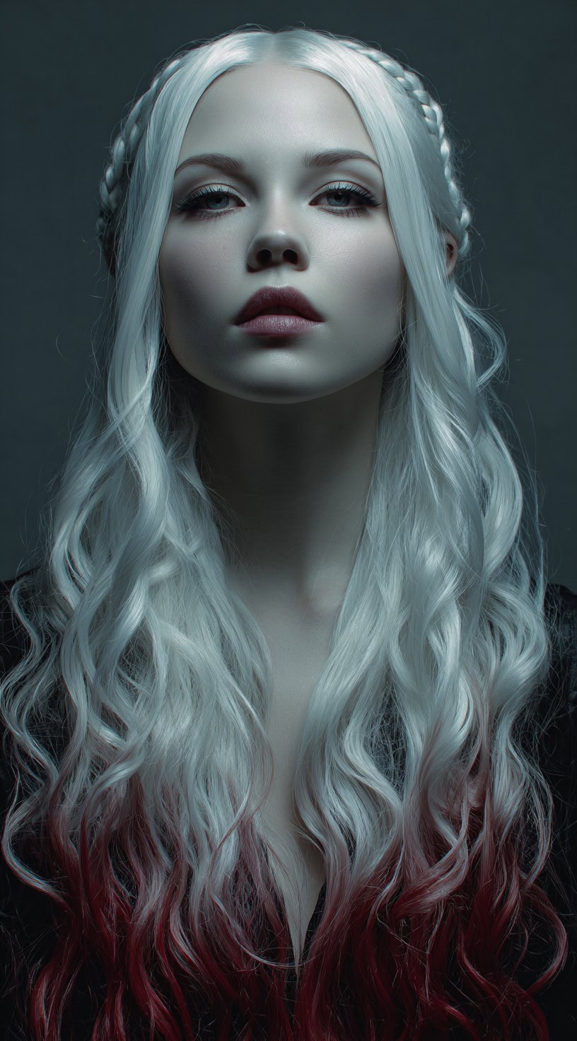 Long icy white hair styled in soft waves with braided crown details and red tips.