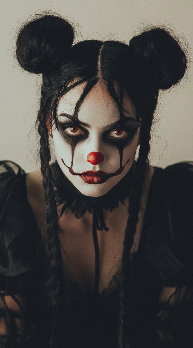 A person with long dark hair styled into braided space buns, complete with spooky clown makeup.