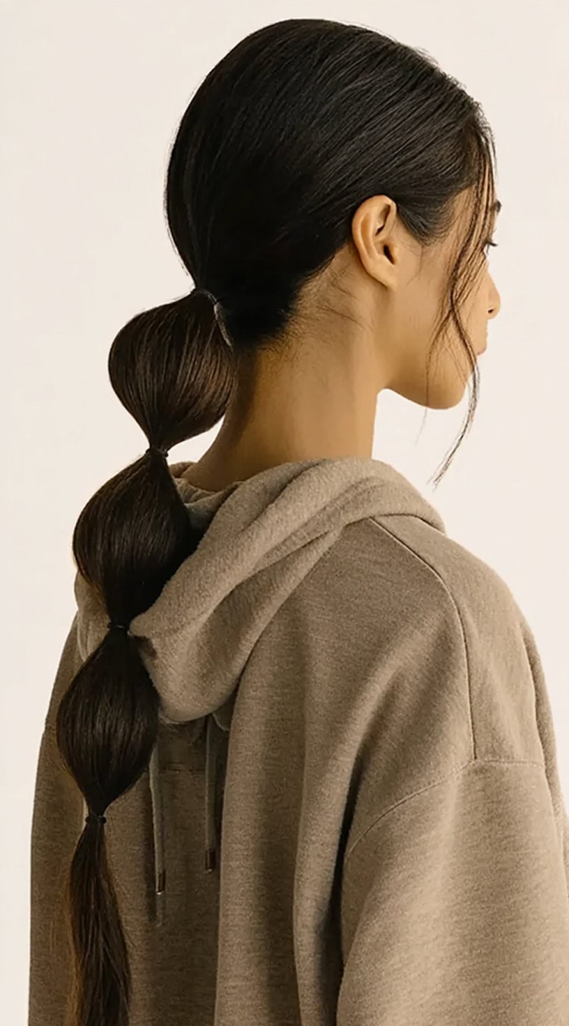 A woman in a hoodie with long, dark hair styled into a bubble ponytail and a few wispy strands framing her face.