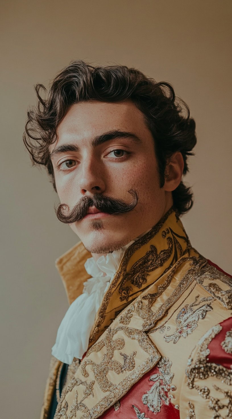 Bullfighter style with slicked-back wavy hair and a curled mustache, wearing a decorated jacket.