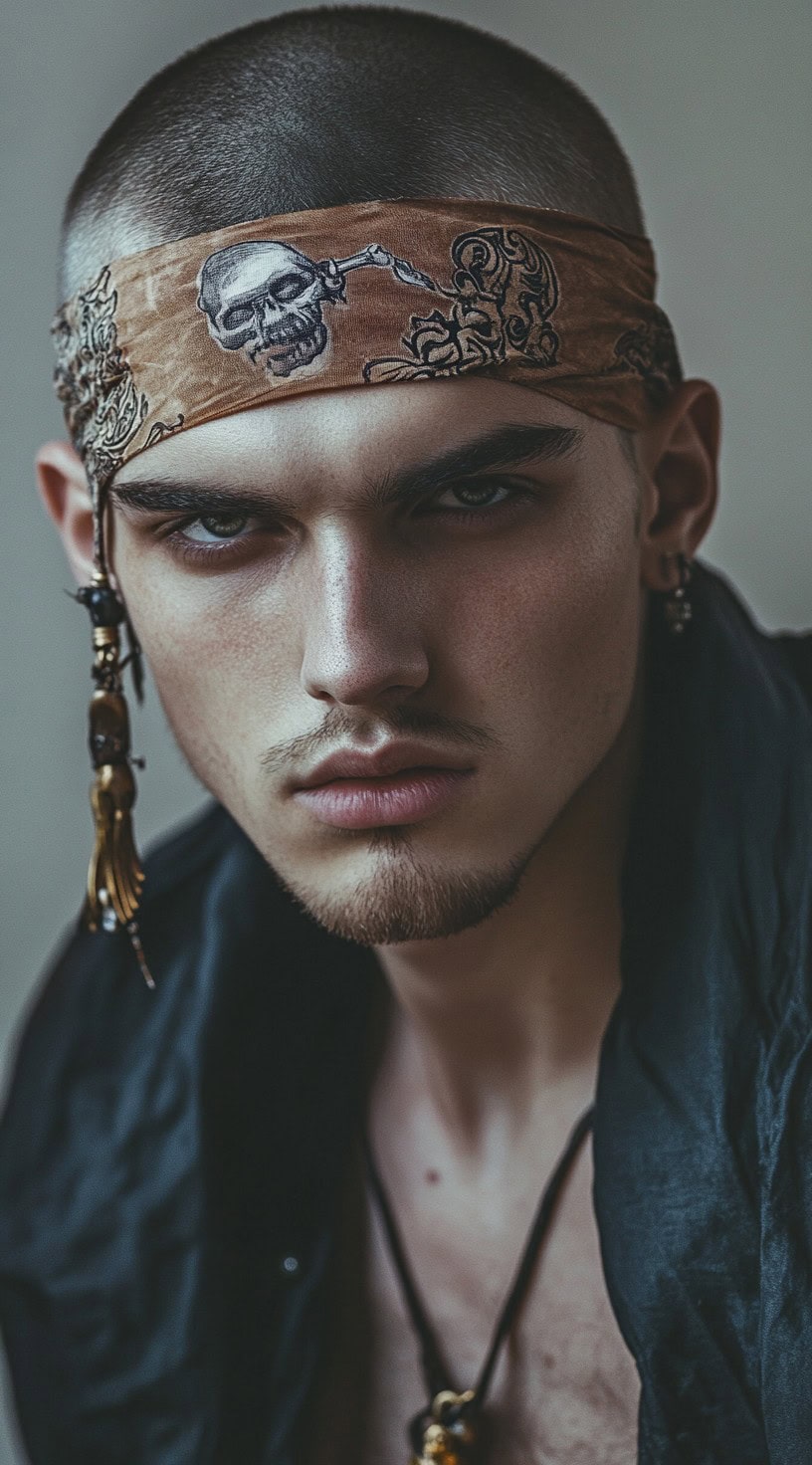 Man with a buzz cut wearing a patterned bandana, staring intensely.