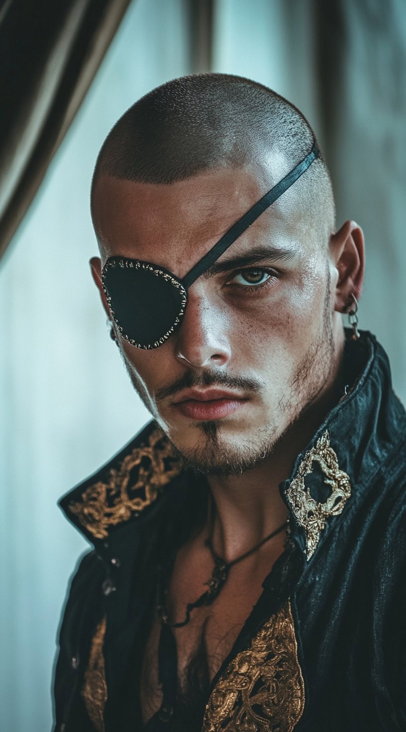 Man with a buzz cut and an eyepatch, dressed in a pirate costume with gold embroidery.