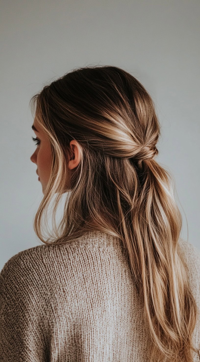 Back view of hair styled in a half-up twist with caramel highlights on dirty blonde hair.