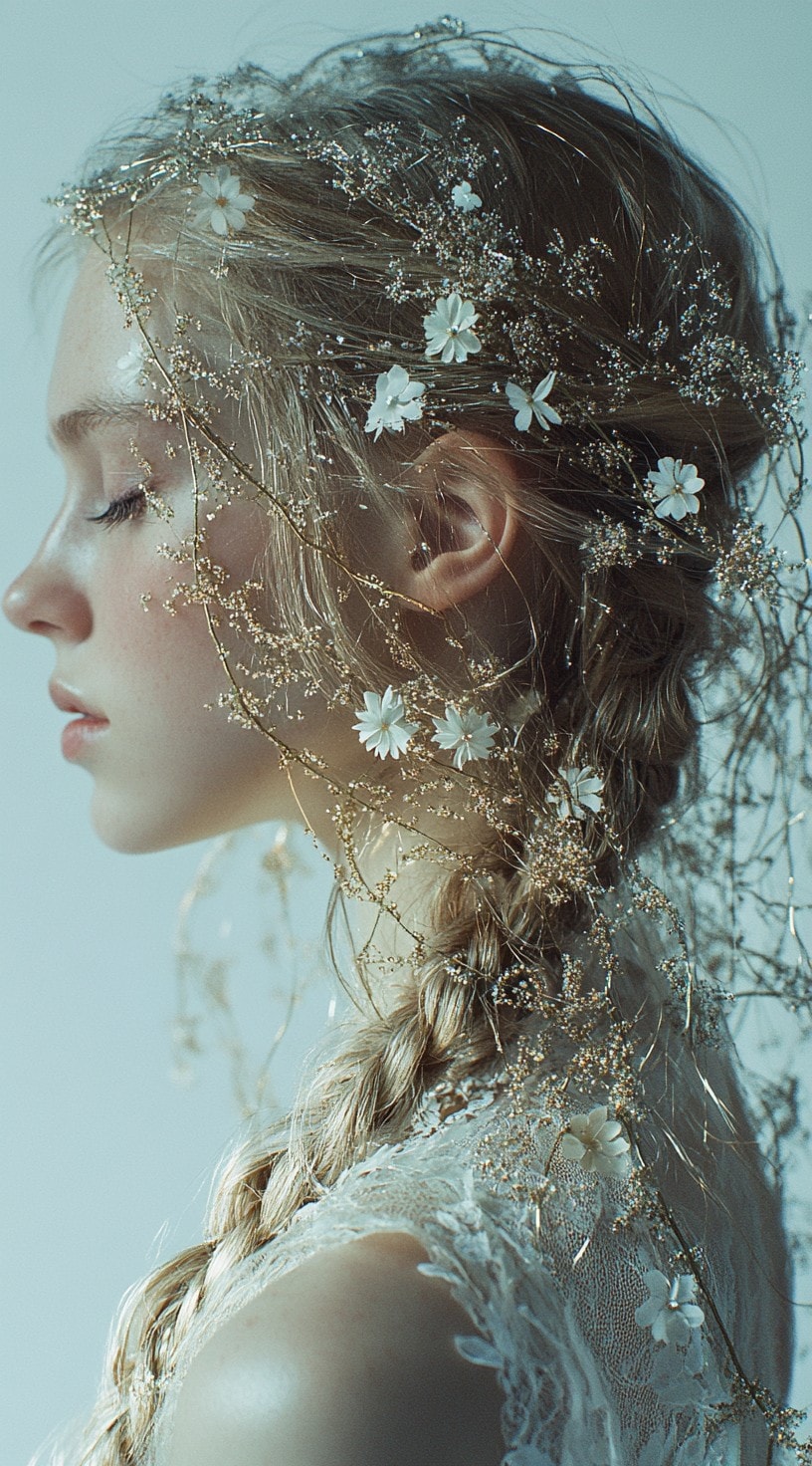 In this image, a side profile of a woman showcases her cascading braid adorned with glitter strands and small white flowers.