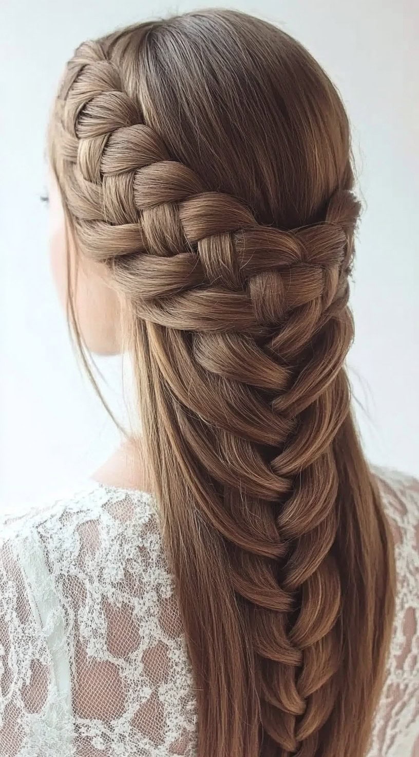 A rear view of a woman with a cascading French braid, where the braid flows down the center of her back.