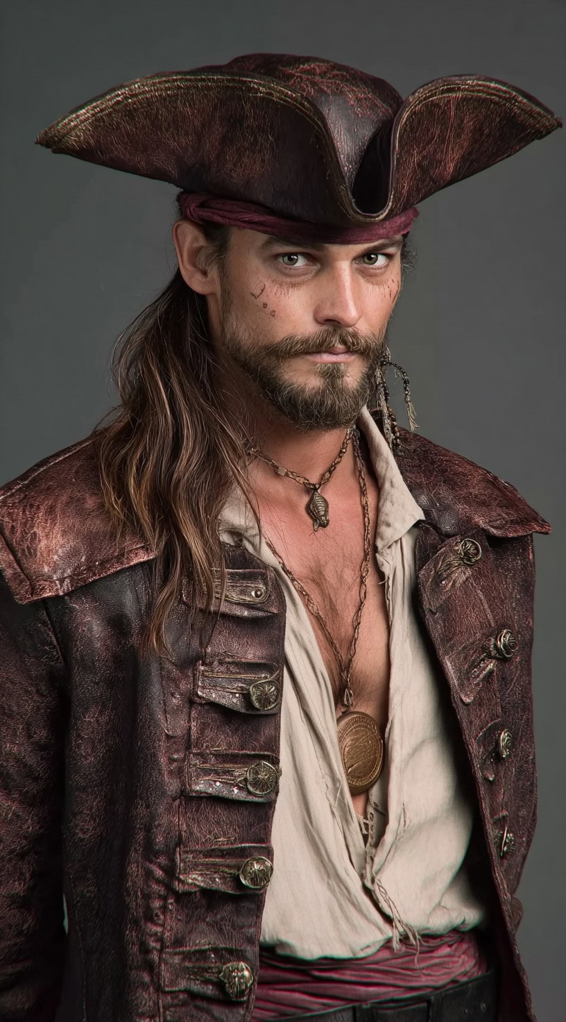 A man with long brown hair pulled into a loose ponytail, side braids, and beard charms wears a reddish pirate hat and seashell necklace.
