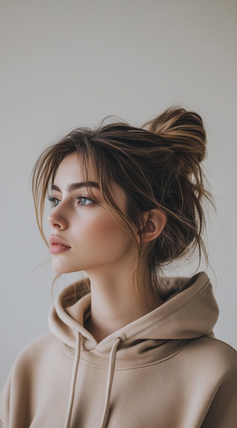 Side profile of a young woman with a casual messy bun, wearing a beige hoodie.