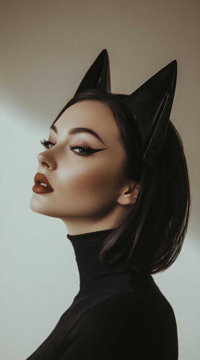 This photo shows a woman with a sleek bob cut and cat ears headband.