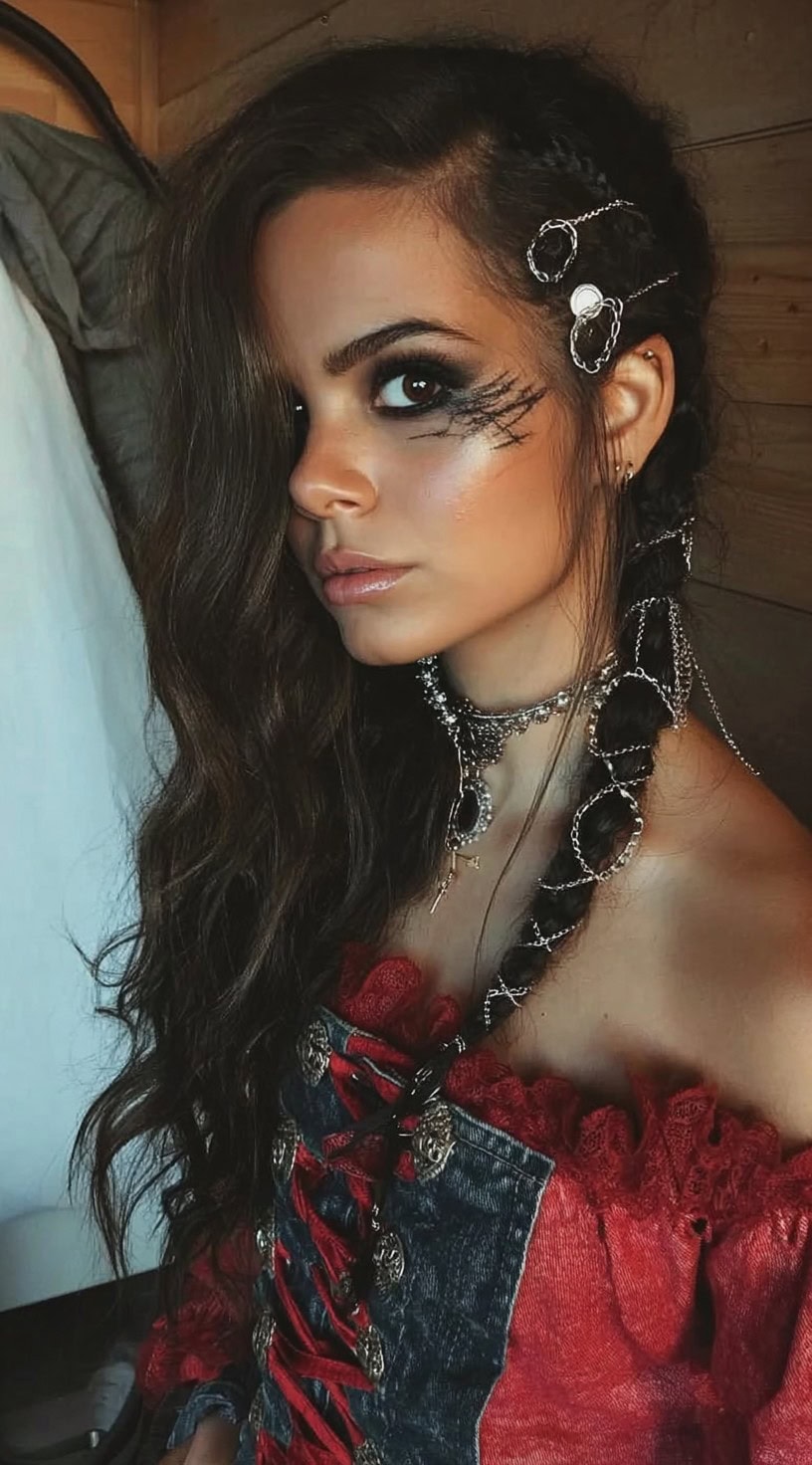 Brunette woman with wavy hair, braided section adorned with silver chains, and dramatic smoky eye makeup.