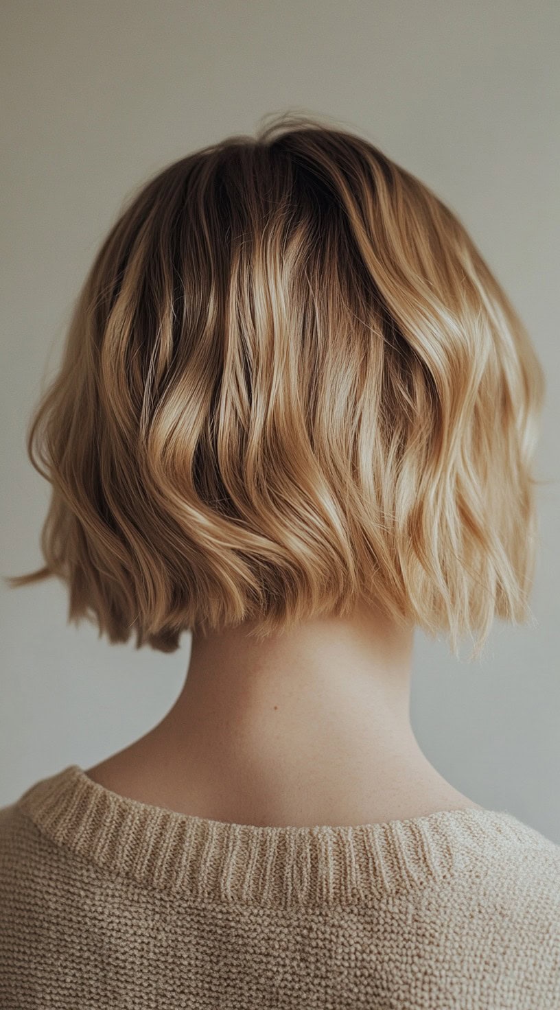 Back view of a short bob with soft waves and champagne blonde highlights on dirty blonde hair.