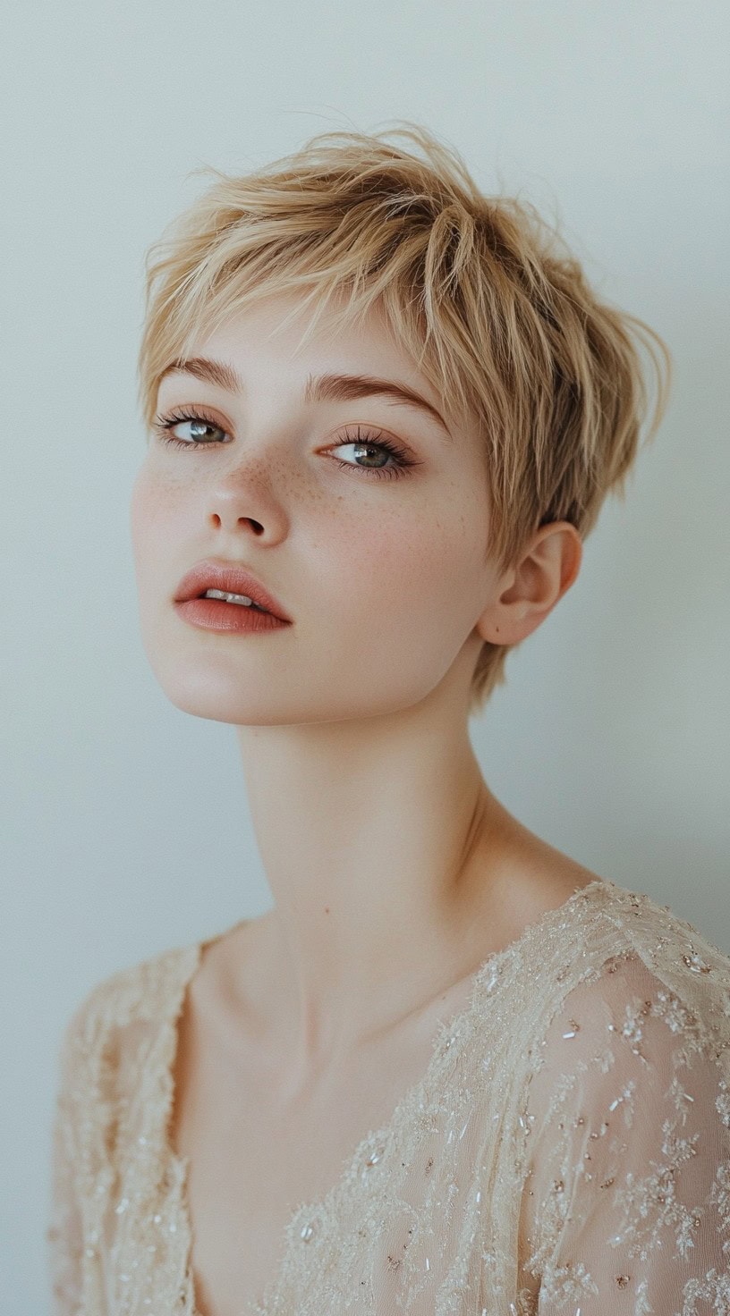 A woman with a choppy pixie cut with textured layers, wearing a delicate lace dress, showcasing a fresh and edgy look.