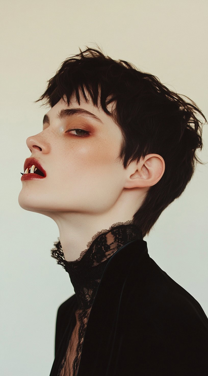 Profile view of a woman with a choppy pixie cut and vampire makeup.