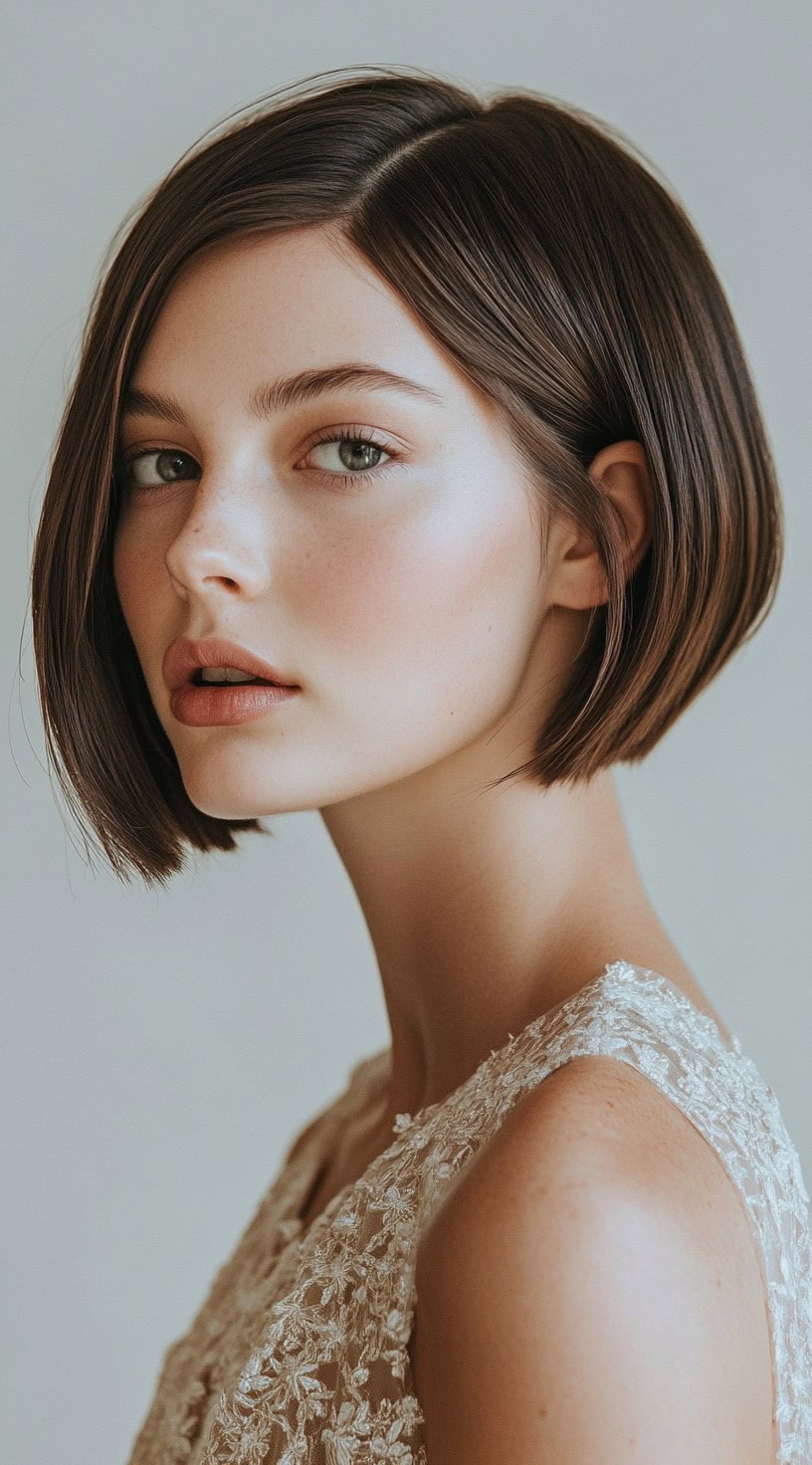 A woman with a classic asymmetrical bob, wearing a lace dress, showing a modern yet timeless style.