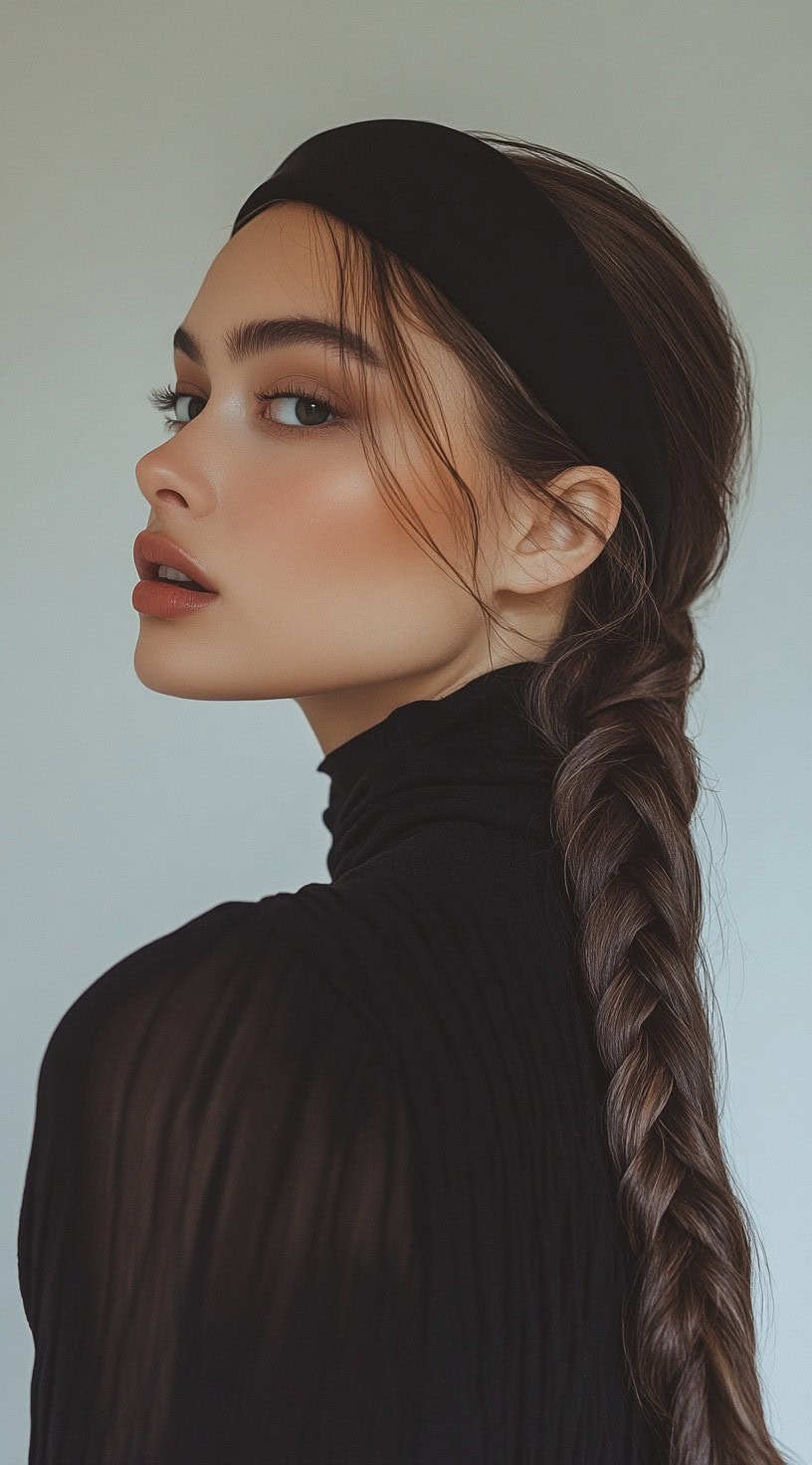 Side profile of a woman with a classic braid and a black wide headband.