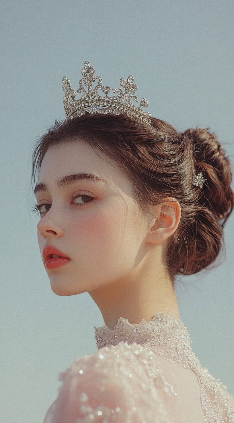 Profile view of a woman with a classic chignon hairstyle adorned with a delicate, jewel-encrusted tiara.