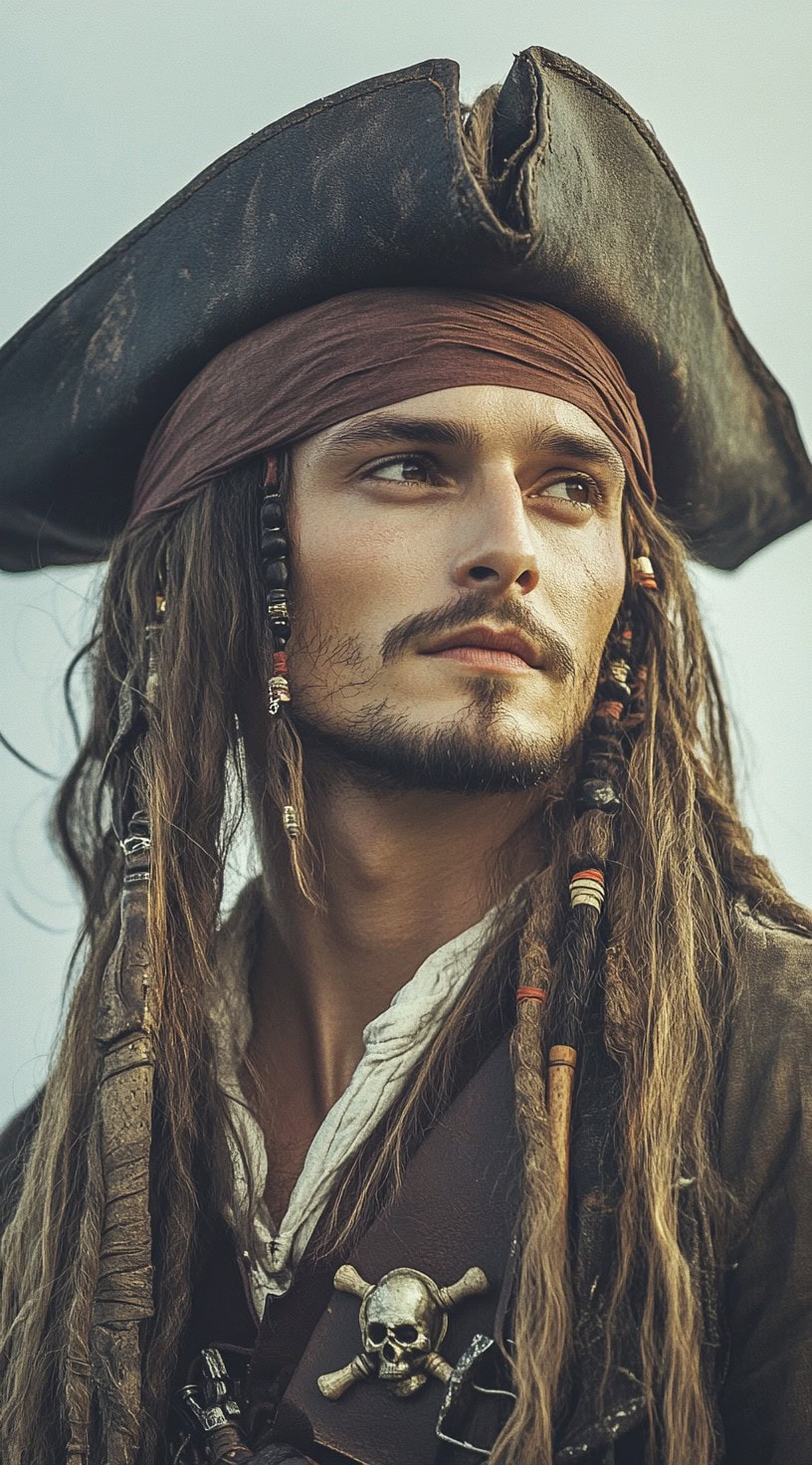 Man with long dreadlocks adorned with beads, wearing a pirate hat and bandana.