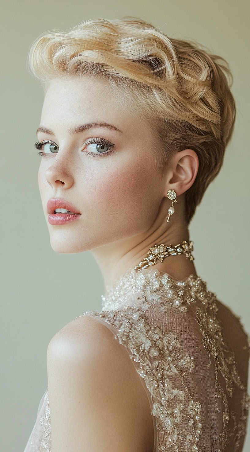 A side profile of a woman with a short pixie cut styled into classic finger waves.