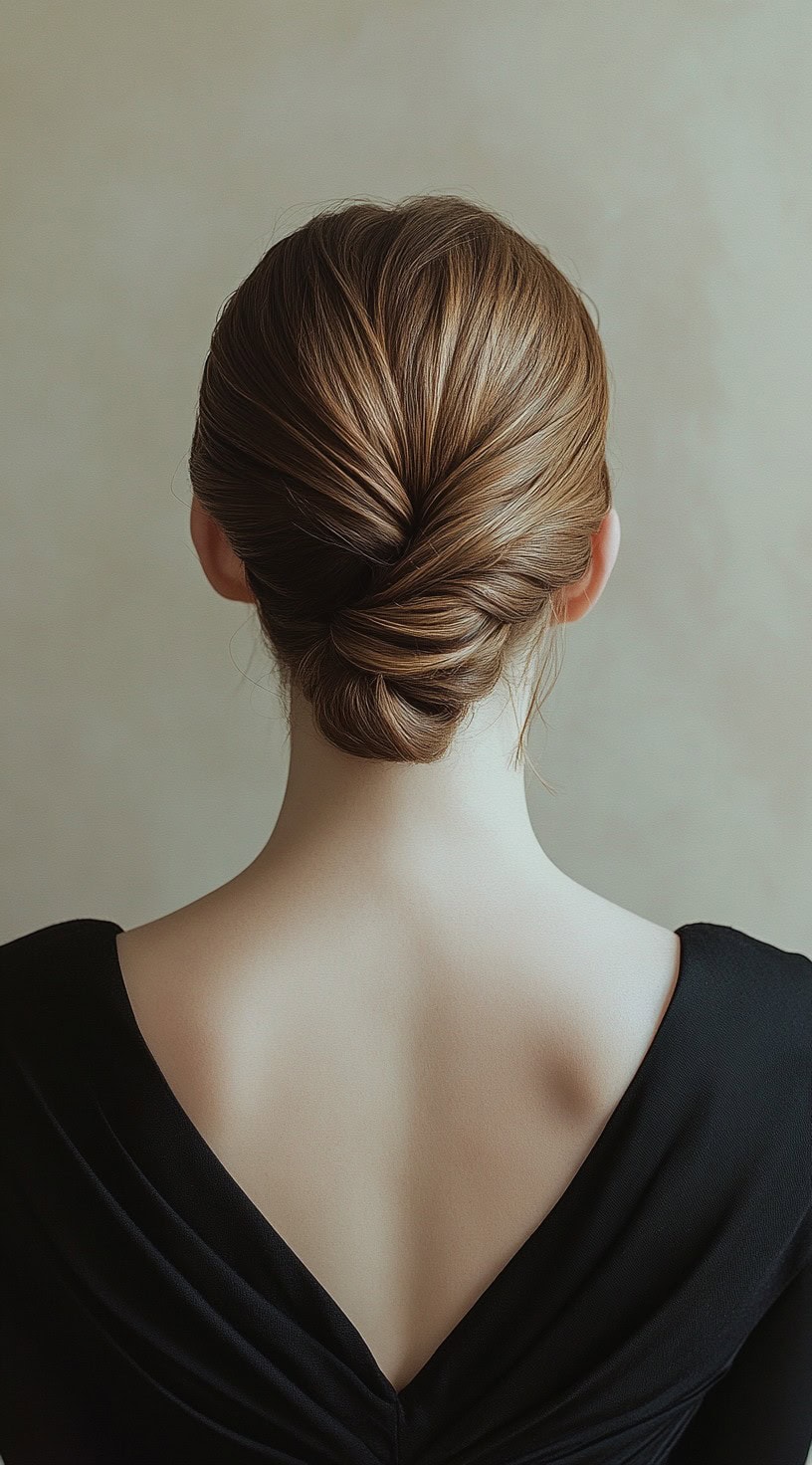 A rear view of a woman with a neatly twisted French twist hairstyle, wearing a black dress.