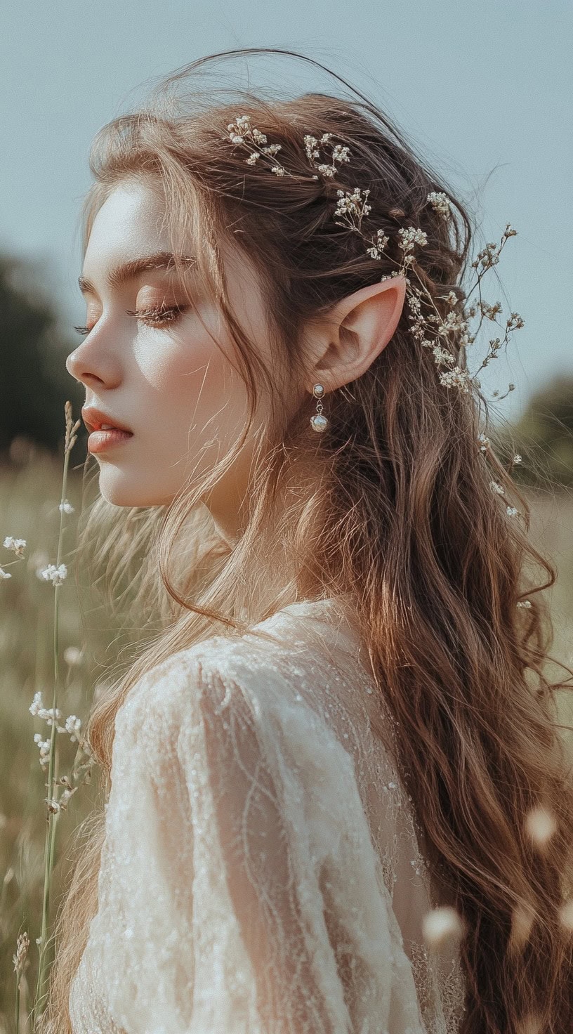 In this photo, a woman with loose wavy hair styled half-up half-down is accessorized with pointy elf ears, standing in a field.