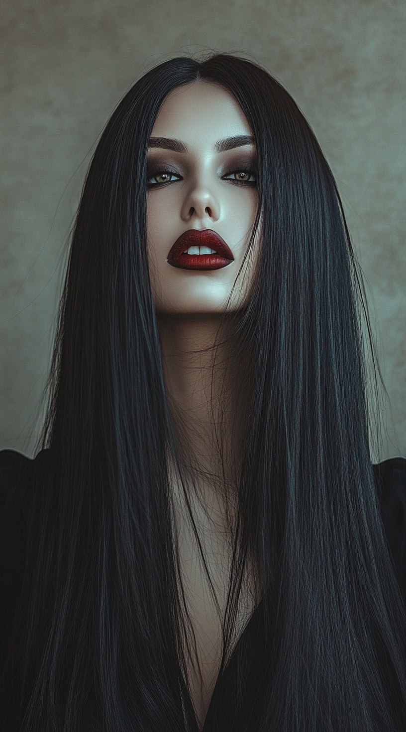 Front view of a woman with long, sleek hair parted in the middle and vampire makeup.