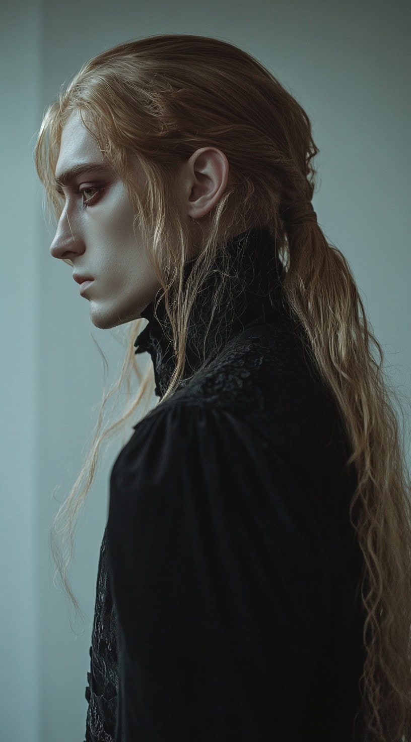 Side profile of a man with long blonde hair styled in a low ponytail with loose tendrils framing his face.