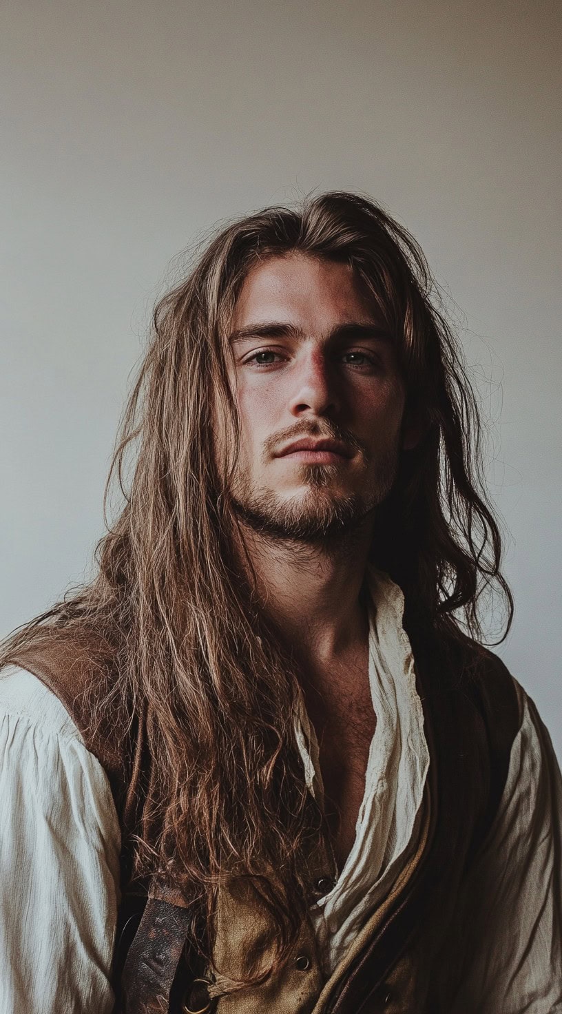 Man with long, slightly wavy, messy hair, wearing a vintage pirate shirt and vest.