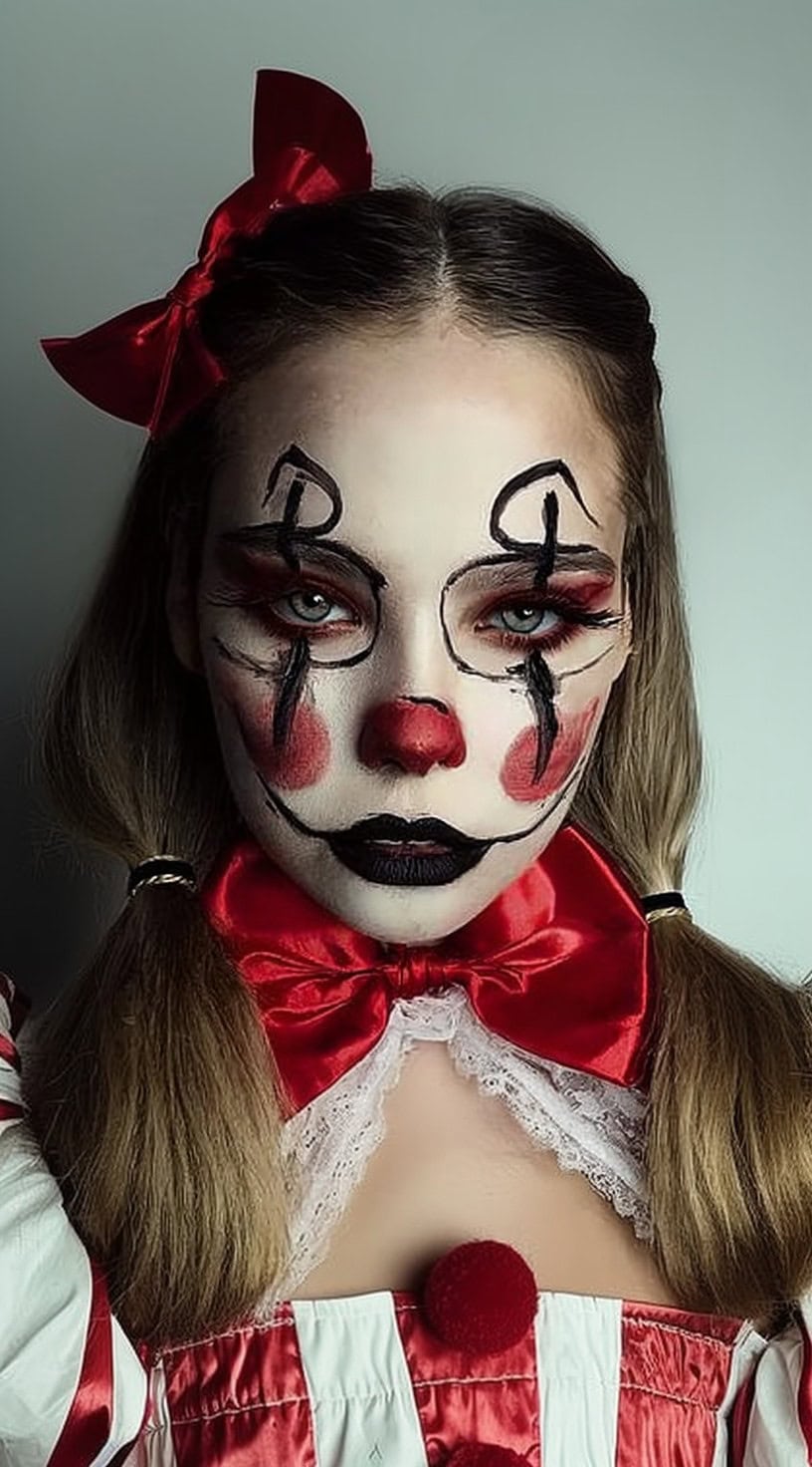 Person with two low pigtails tied with red ribbons, one styled with a prominent side bow, and classic clown makeup with rounded blush and black details.