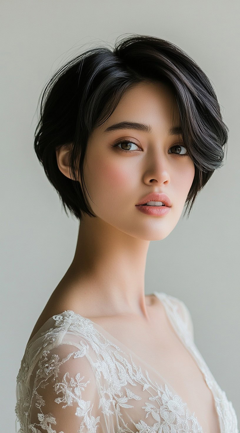 A side profile of a woman with a classic short bob hairstyle with a subtle wave.