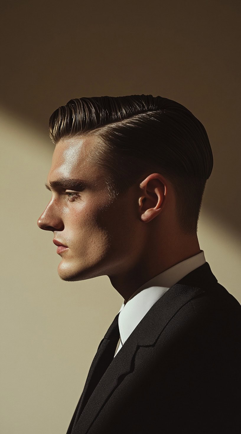 A side profile of a young man with a classic side part, dressed in a suit.