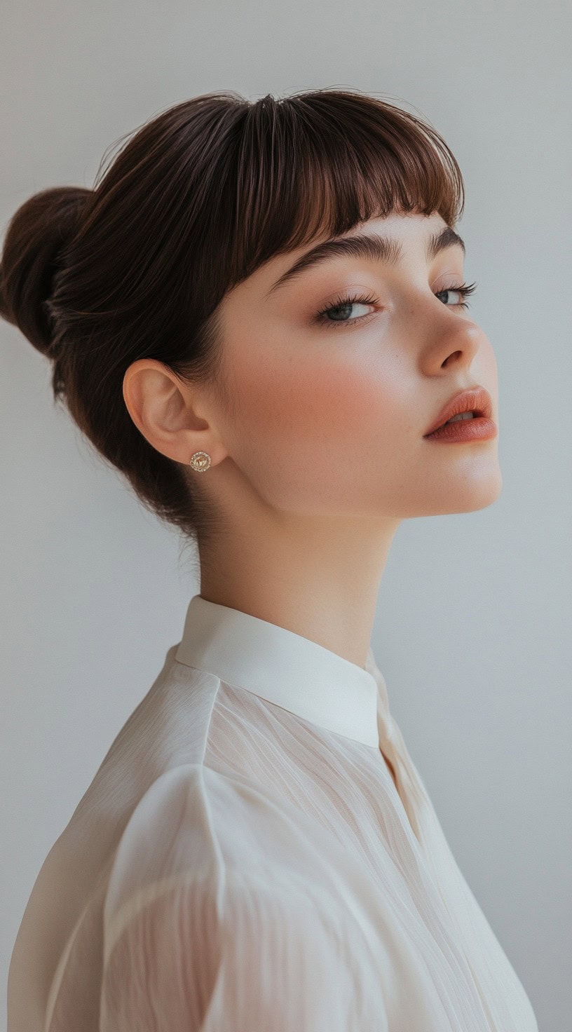 A woman with a classic sleek bun and blunt bangs, wearing a white blouse, presenting an elegant and refined look.