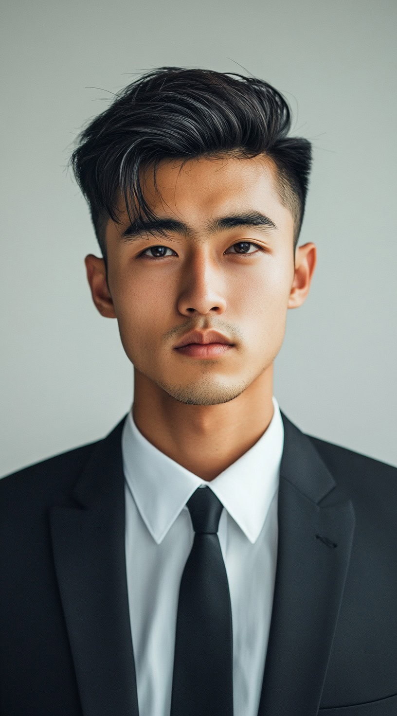 A young man with a classic undercut hairstyle, wearing a suit.